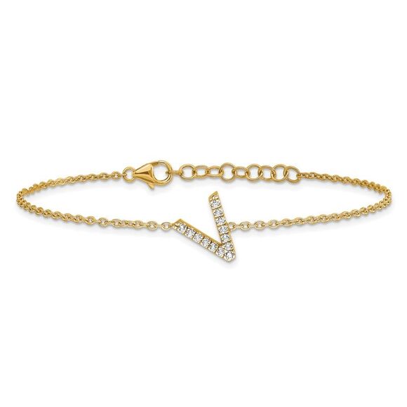 14k Yellow Gold Diamond Sideways Letter V w/ 1in ext. Bracelet